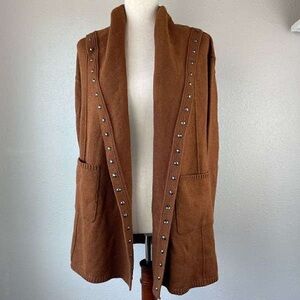 Stud-Trim Brown Open Front Cardigan Vest